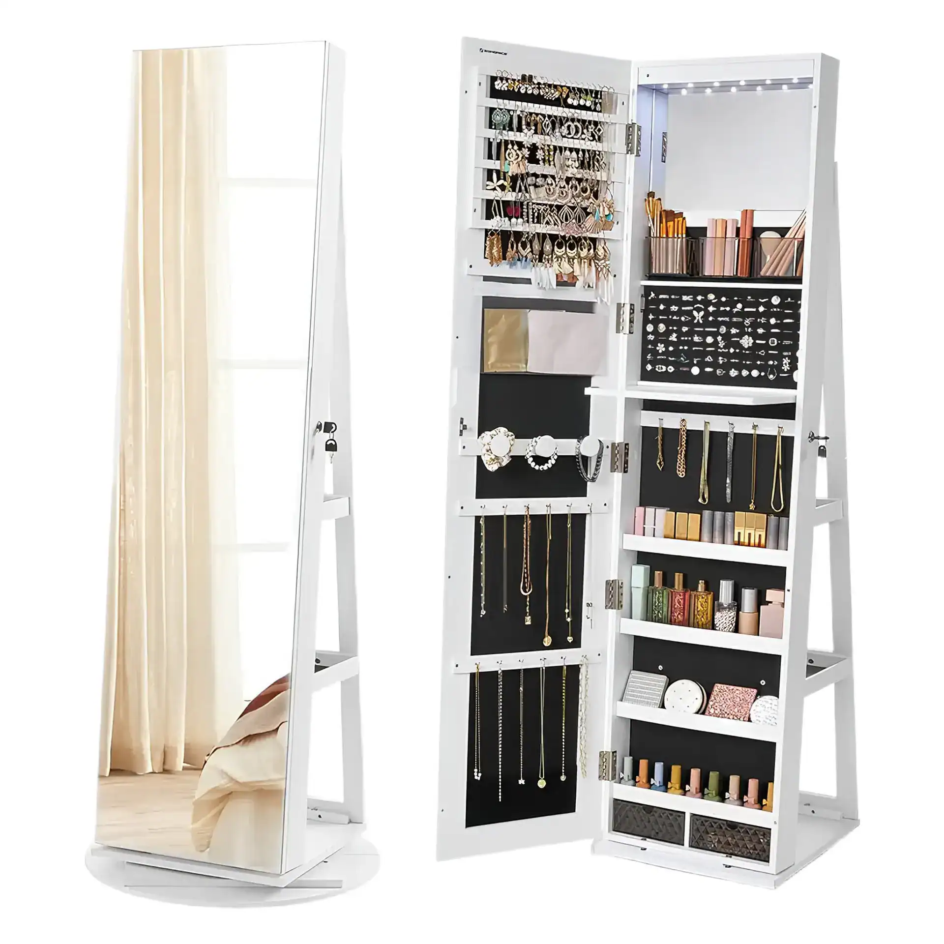 91e65105-551e-47dc-89f2-2c0bb3175524 SONGMICS 6 LEDs Lockable Mirror Jewelry Cabinet, 360° Swivel Jewelry Organizer - Image 1