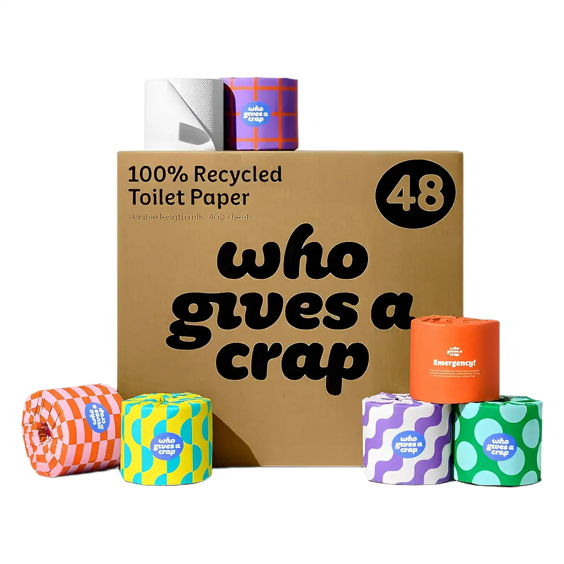 f3361699-80aa-442d-bed2-dbd757d1f54b Who Gives A Crap 100% Recycled 3 Ply Double Length Toilet Paper Rolls, 400 Sheets, Pack of 48 - Image 1